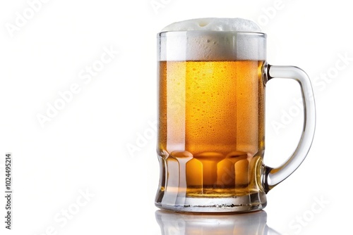 Macro shot of a glass mug with golden fresh beer, isolated on a white background