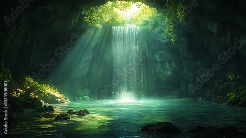 Sunlight streams through a cave opening, illuminating a waterfall and a pool of water.