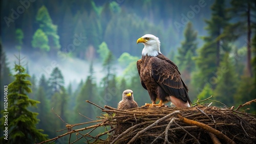 Majestic eagle and eaglet in nest amidst forest minimalist