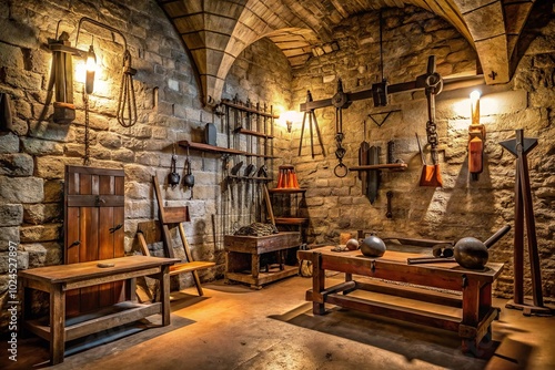 Medieval torture chamber with various tools