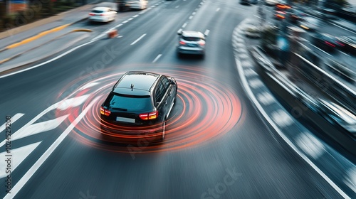 A modern car braking automatically to avoid a collision, with the driver alerted by an advanced warning system