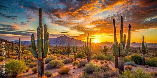 Medium shot of saguaros in warm Scottsdale Arizona sunset