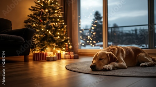 Christmas tree with gifts and sleeping dog nearby