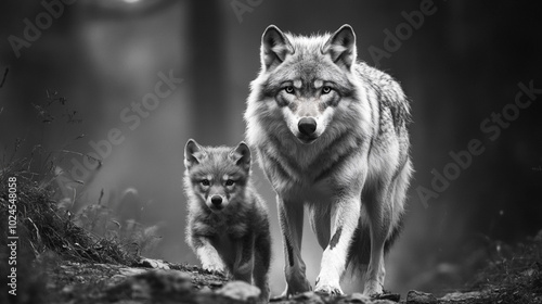 Wolf and Pup Walking in the Forest