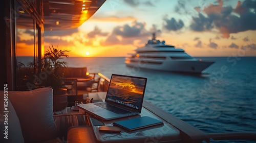 A laptop computer sits on a table on the deck of a yacht, with a larger yacht in the background. The sun is setting over the ocean.