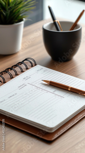 Notepad, pen, and plant on wooden table