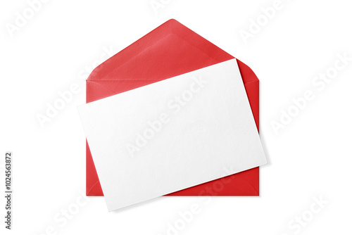 Opened red paper envelope mockup with paper sheet isolated on a transparent background, PNG. High resolution. 