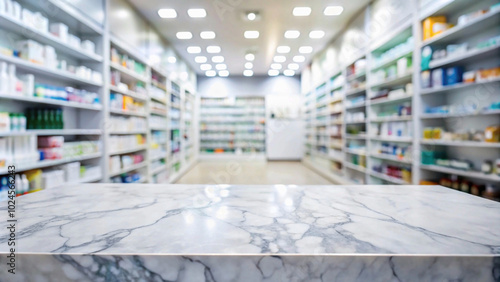 Empty marble countertop of a pharmacy counter provides a sleek and modern look, while the shelves behind it are filled with a variety of prescription and over-the-counter medications