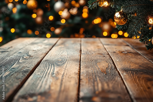 A wooden table with a christmas tree in the background