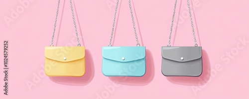 Colorful flat illustration of three stylish shoulder bags with chains on a pink background