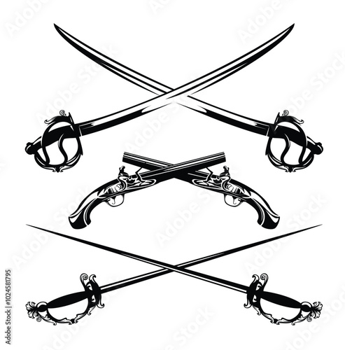 crossed antique dueling pistols, saber swords and fencing epees - black and white weapon vector design set