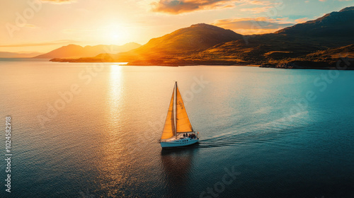 Sailboat gliding across tranquil waters at sunset in a picturesque coastal landscape