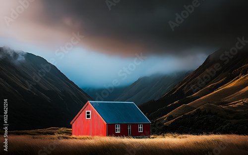 Maison rouge dans un prairie dans la montagne