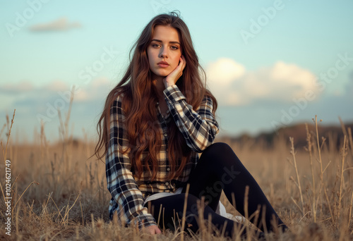 Young woman sitting in a field at dusk