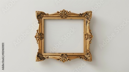 Ornate rococo gold frame mockup rich detailing with delicate scrollwork. Sophisticated photoframe template advertising image. Classic pictureframe mock up product photorealistic