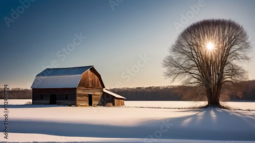 Rural Barn in a Frozen Winter Landscape: A rustic barn sits quietly in a snow-blanketed field, with the bright winter sun overhead and a leafless tree nearby, highlighting the serenity of a cold, cris