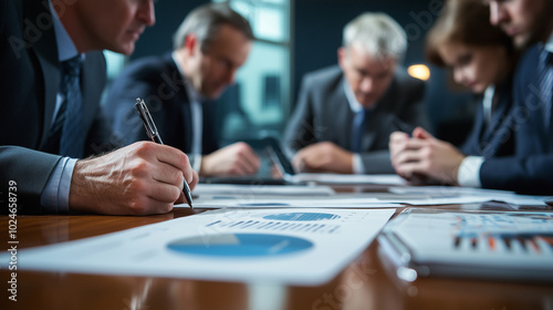 A group of executives huddled around a conference table, reviewing paper data reports filled with graphs and statistics. The focus is on their concentrated expressions and the cris