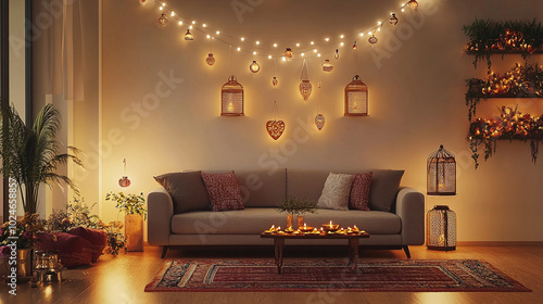 Living room setup with Diwali decorations, including string lights and hanging lanterns