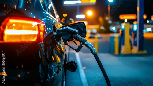 A car at a gas station, nozzle inserted into the fuel tank, refueling with unleaded petrol under bright station lights.