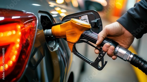 Refueling a car with unleaded petrol at a busy gas station, nozzle in hand and meter showing fuel details