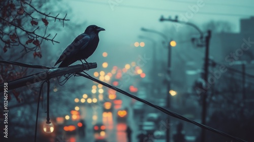 Crow on telephone wire, observing bustling street scene, urban life intertwined with nature, a moment of stillness amidst chaos