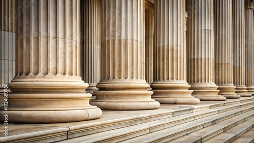 Stone colonnade and stairs detail with close-up of Classical pillars in building facade