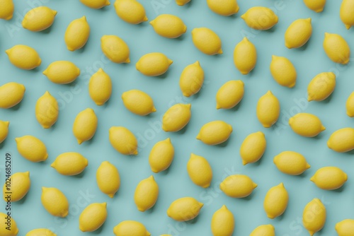 Many lemons on cadet blue background. Top flat view, ordered. 3d render, illustration