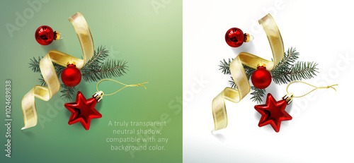 Christmas composition with Isolated Christmas gold ribbon and red christmas tree ball on transparent background with real transparent background. png Flat lay, top view