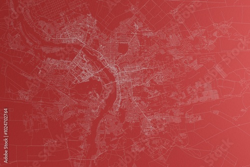 Map of the streets of Omsk (Russia) made with white lines on red paper. Top view, rough background. 3d render, illustration