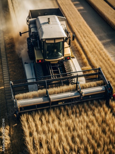 Combine Harvester Cutting Wheat Field from Above