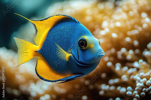 Bright blue and yellow fish swimming in aquarium