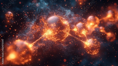 A visually captivating abstract image featuring glowing spheres and particles, representing energy and molecular connections in a dark background.