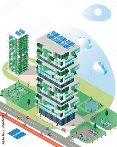 Isometric Residential Building with Sustainable Green Rooftop