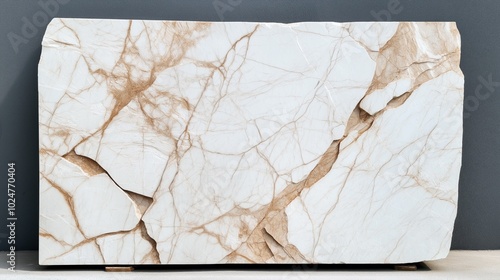 Large slab of white marble with brown veining and natural cracks displayed vertically against a gray background