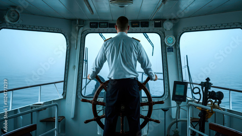 A captain at the helm of a ship navigating through foggy waters on a calm day.