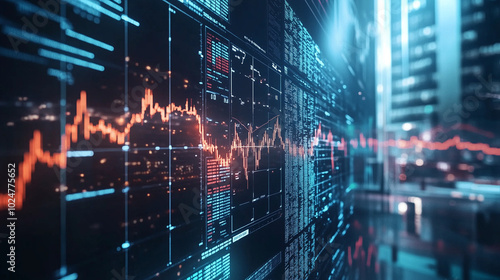 Global stock market crash visualized by rapidly falling stock prices on a futuristic digital dashboard, highlighting financial instability and market volatility