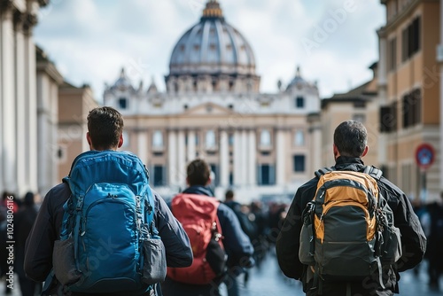 Backpackers approaching St. Peter's Basilica amid a crowd