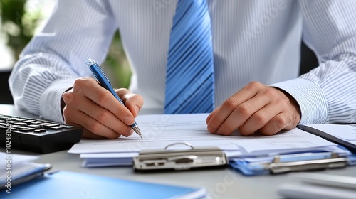 Office staff managing data entry and filing documents in a well-organized workspace Stock Photo with side copy space