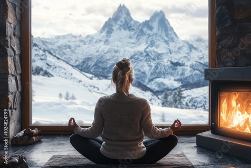 Tranquil meditation in cozy cabin with stunning mountain view and warm fireplace ambiance