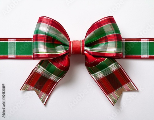 red green and white plaid christmas gift bow and ribbon long border curled isolated on a white background