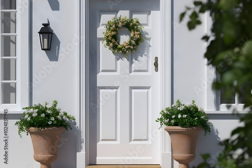 White front door with small square decorative windows and flower pots