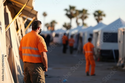 A worker dressed in bright orange stands attentively at a temporary camp with tents in the background, overseen by a clear sky and distant trees in the evening light.