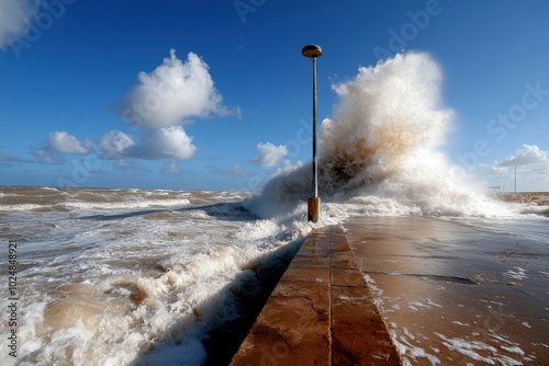 A huge ocean wave crashes against the pier's edge, set against a clear blue sky, portraying the dichotomy of powerful natural forces and calm atmospheric conditions.