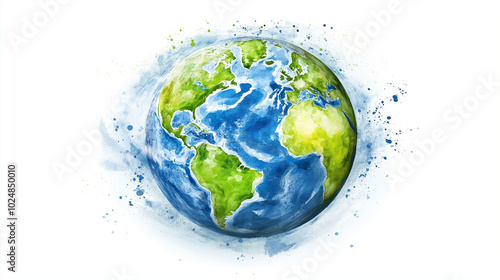 a handcrafted watercolor illustration of the Earth, showcasing vibrant blue oceans and lush green continents. The artistic style gives it a soft, gentle appearance, evoking themes of nature