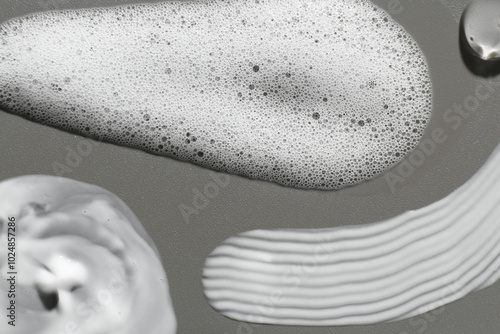 Smears of different cosmetic products on grey background, closeup