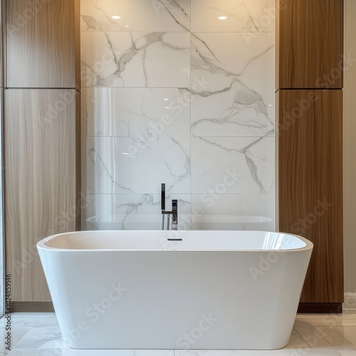 Elegant freestanding bathtub against a stylish marble wall and wooden cabinetry, perfect for modern bathroom interiors.