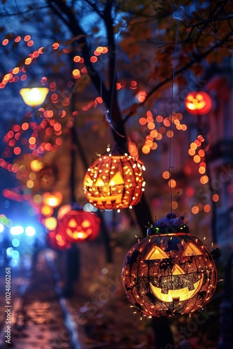 Jack-o'-lanterns hanging on tree, night, festive lights