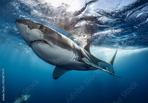 Weiße Hai (Carcharodon carcharias) unter Wasser frontal