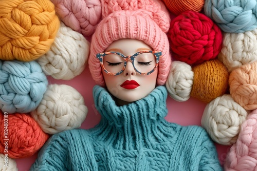 Woman obsessed with knitting and crochet wearing pink wooly hat, oversized sweater and colorful glasses.