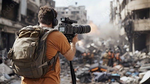 A photojournalist films the aftermath of a war zone, capturing the destruction and the people affected.